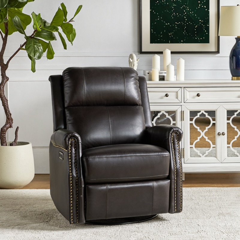 Alaynie 32" Wide Genuine Leather Power Swivel Standard Recliner