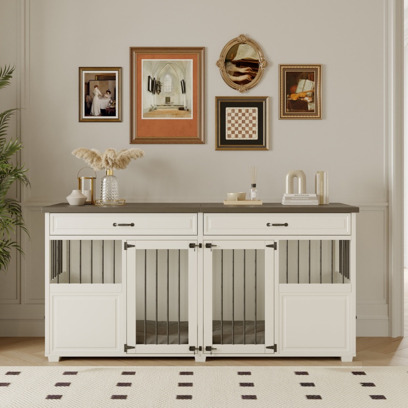Altemar Dog Crate Furniture Indoor Wood Dog Kennel Cages 4 Doors With Divider And Drawers 72"X23.6"X34.8"H