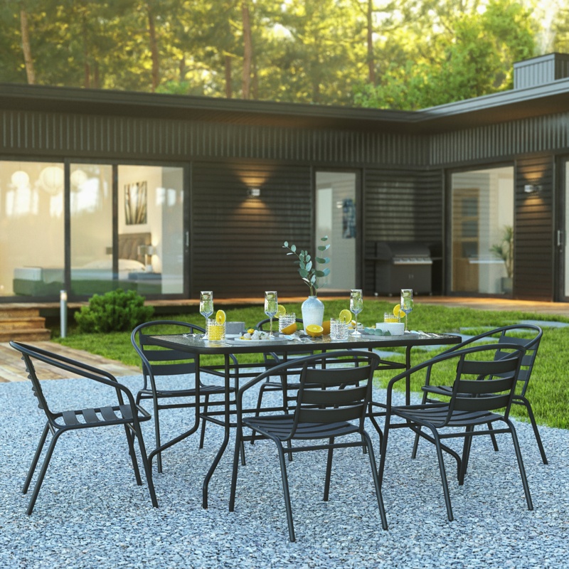 Amlie 7 Piece Patio Dining Set - Glass Table, 6 Flex Stack Chairs