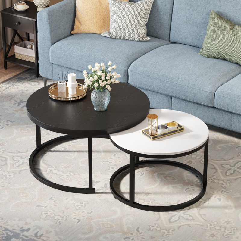 Anacaren 2 Piece Modern Nesting Wood Round Coffee Table For Living Room Set