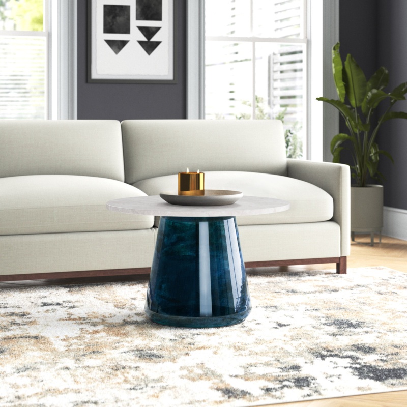 Annagret Marble Top 19"H Coffee Table in a Modern Style with Glass Base and Metallic Aluminum Frame in Cienna Blue Color