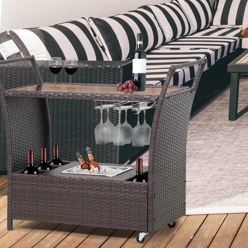 Anthonyville Outdoor Rolling Wicker Bar Cart w/Removable Ice Bucket, Glass top, Wine Glass Holders
