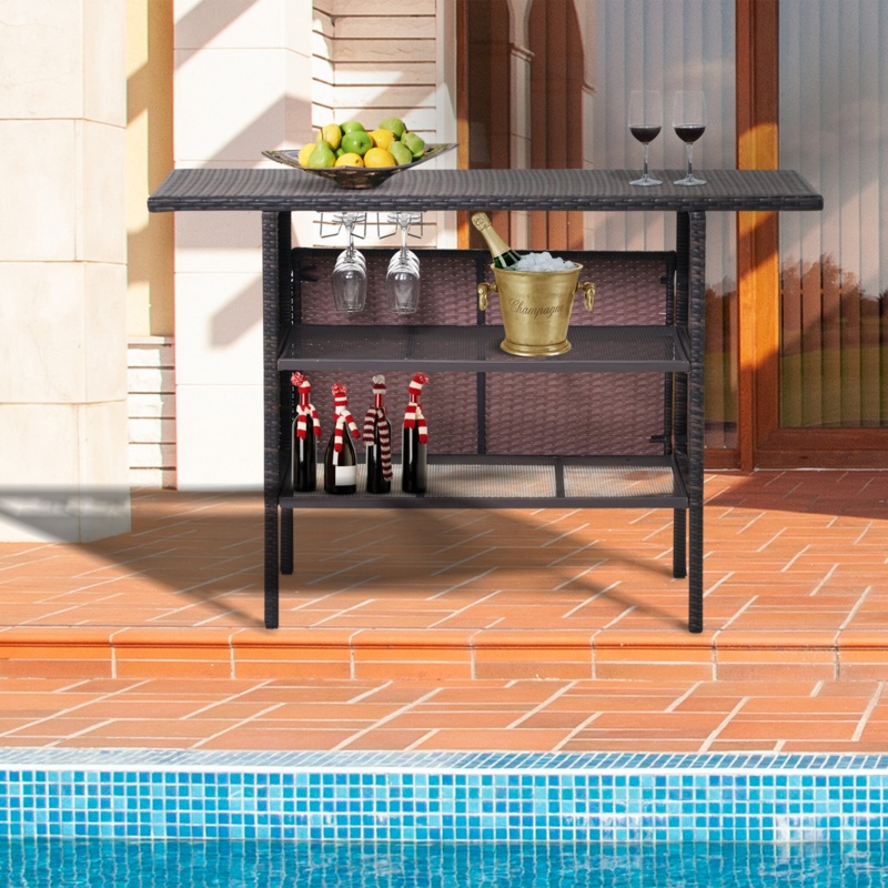 Antigo Outdoor Patio Wicker Bar Counter Table with 2 Steel Shelves and 2 Sets of Rails 