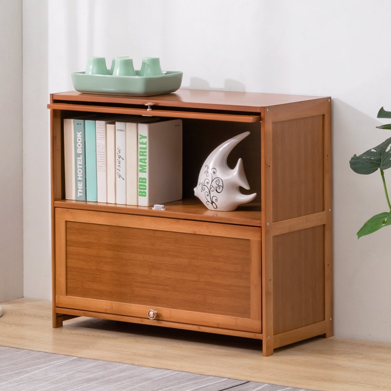 Bamboo 2 Tiers Bookcase with Door, Books Toys Display Modern Bookshelf for Home Living Room