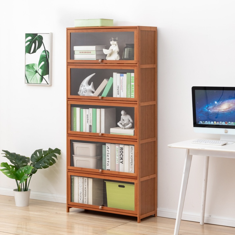 Bamboo Bookcase Étagère, Freestanding Organizer Bookshelf with Acrylic Door for Home