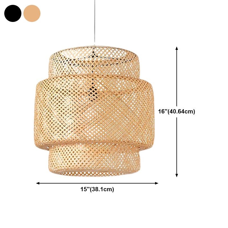 Bamboo Lantern Pendant Lamp Asian Style 1-Bulb Hanging Lighting for Living Room - Beige / 15