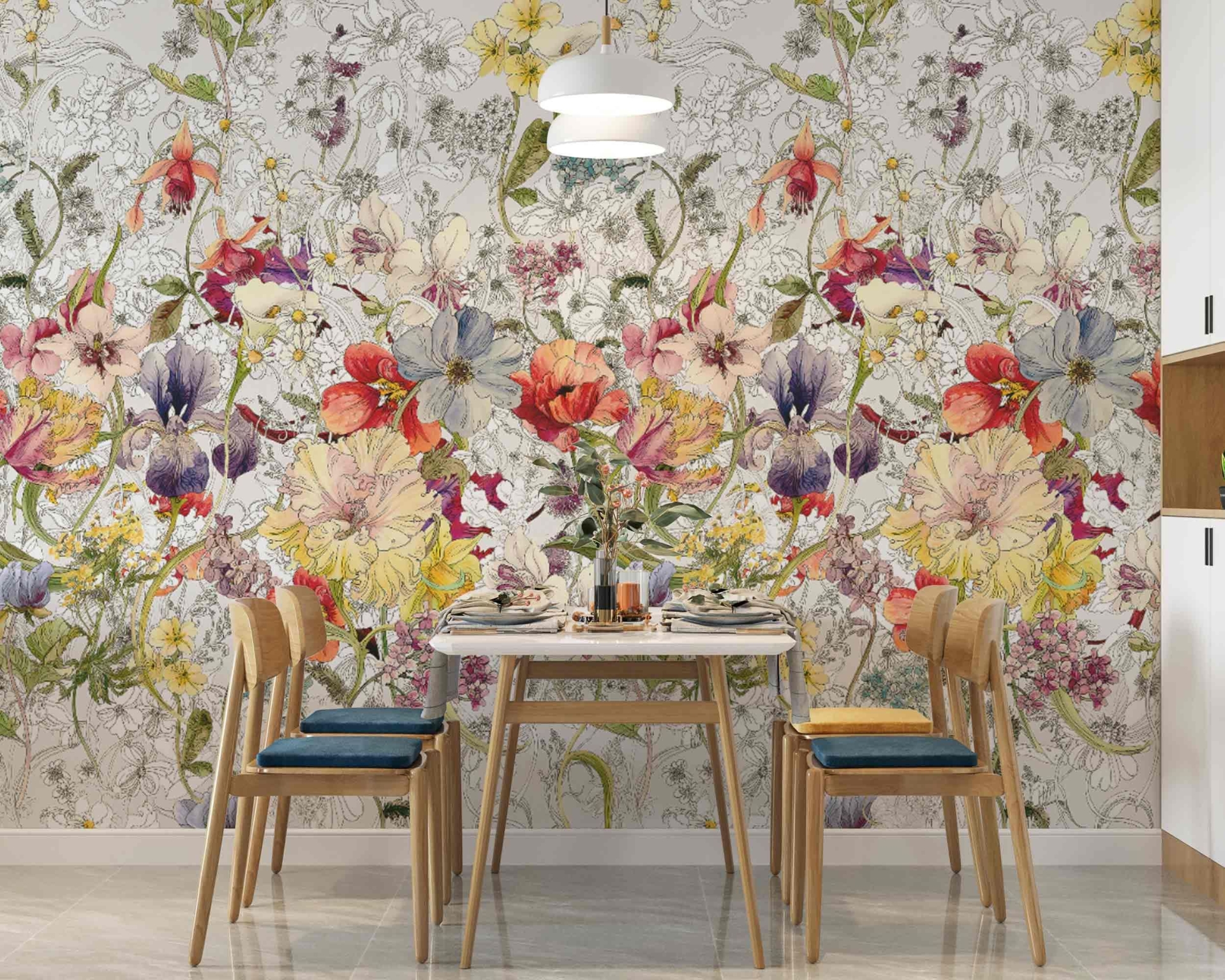 Beautiful colorful flowers Leaves Watercolor Floral Wildflower Self-adhesive fabric or Non-woven wallpaper Boho style Mural Wall Decoration