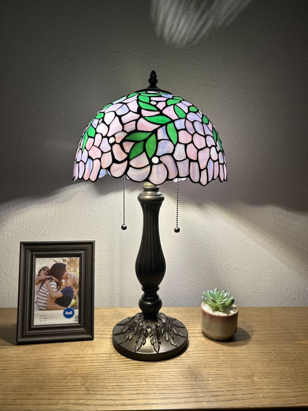 Bernia Tiffany Table Lamp Stained Glass Green Leave LED Bulb Pull Chain Switch 22" H x 12" W