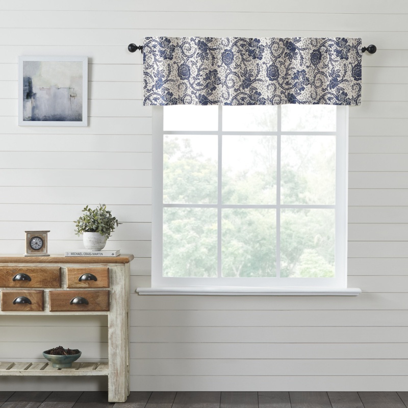 Besmira Floral Cotton Tailored Window Valance in Navy/Royal Blue