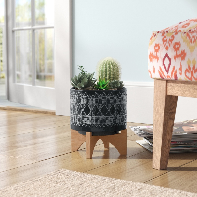 Black and Gray Aztec Design Ceramic Planter with Solid Rubberwood Stand for Tabletop Display in Living Room, Office, or Bedroom