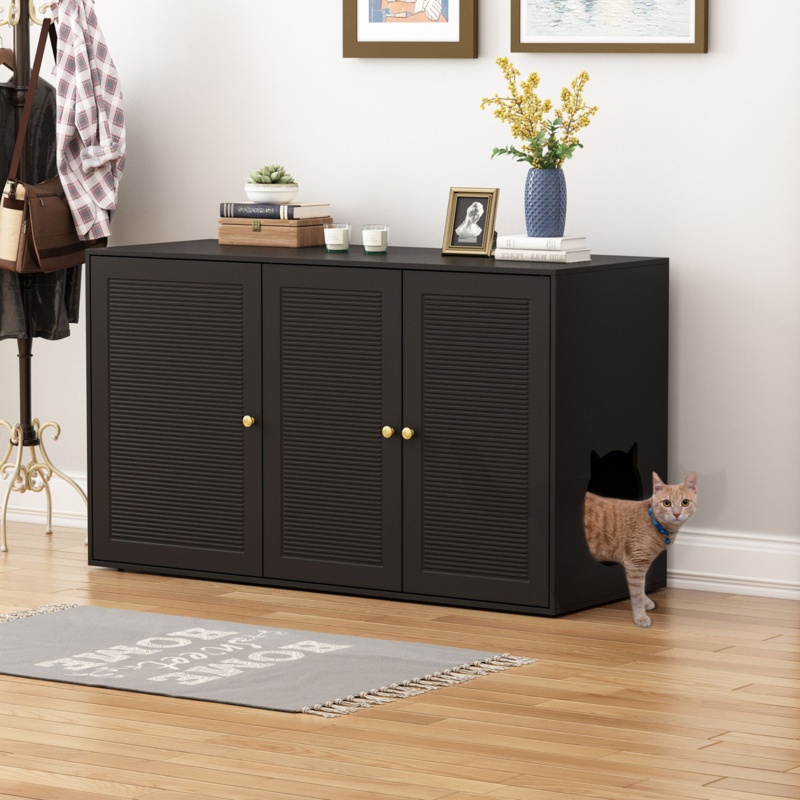 Black Three Door Cat Litter Box Enclosure With 4 Shelves