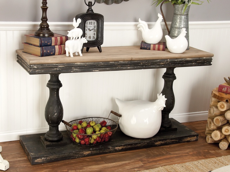 Black Wood Distressed Console Table with Brown Wood Top 59" x 18" x 31"