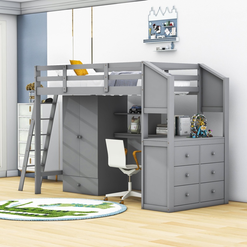 Boel Kids Twin 7 Drawers Wood Loft Bed with Built-in Desk and Shelves