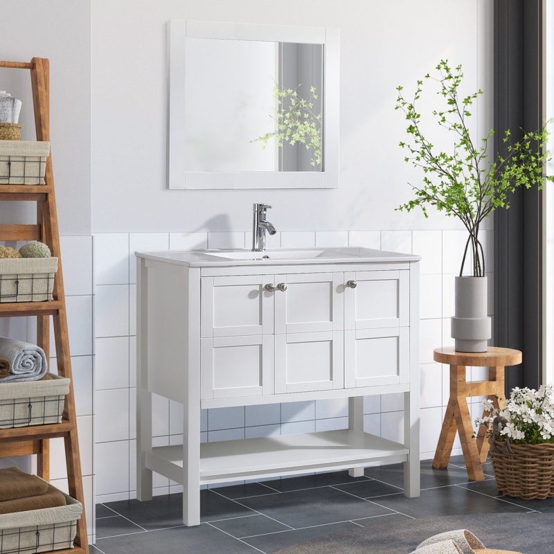 Brijshwaer 35.83'' Free Standing Single Bathroom Vanity with Ceramic Top with Mirror