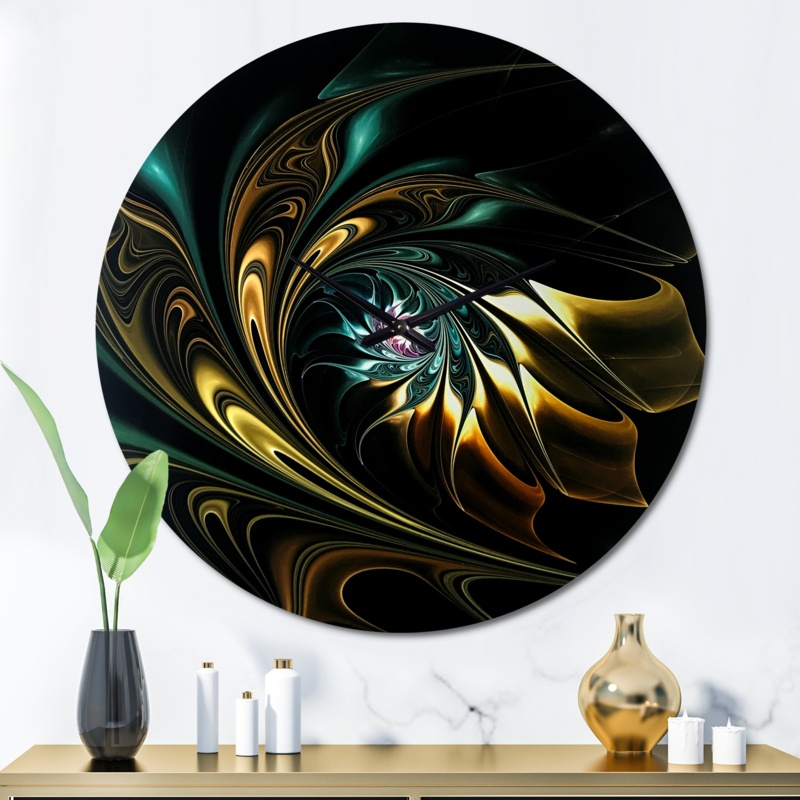 Brown Blue Fractal Flower in Black - Modern wall clock