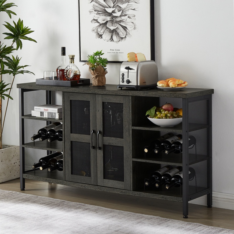 Brown Oak Rustic Wood Bar with Wine Storage