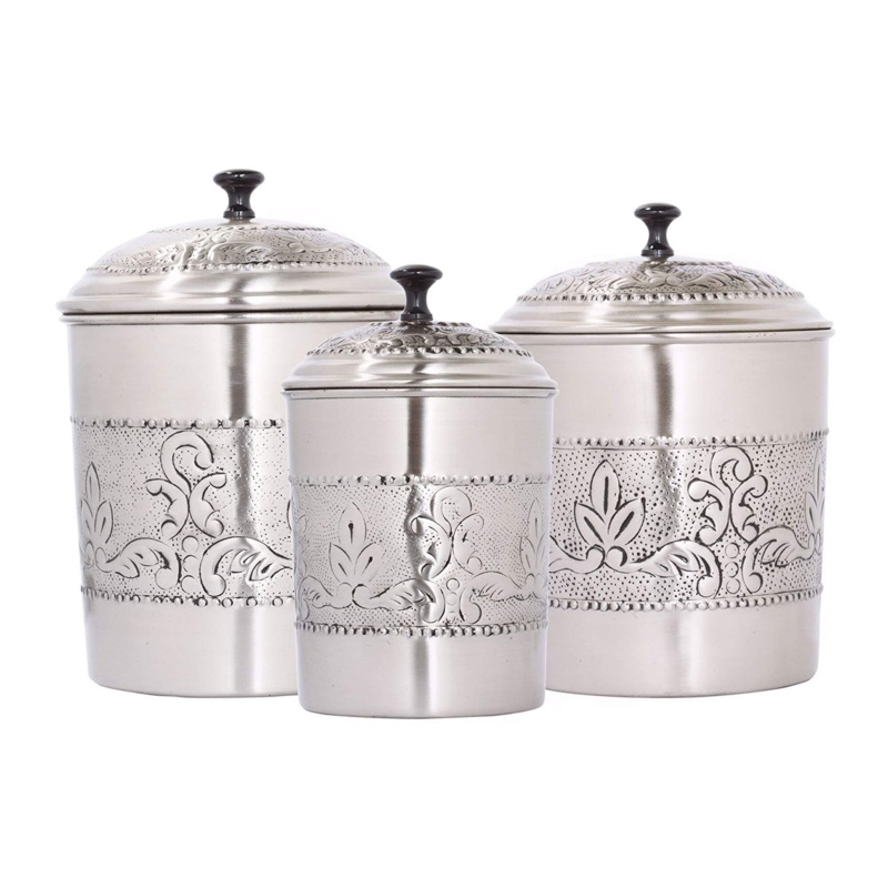 Canaan Set of 3 Canisters Embossed Stainless Steel 3 Piece Kitchen Canister Set