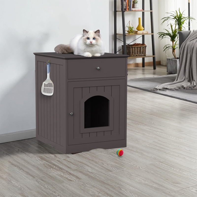 Cat Litter Box Enclosure, Hidden Litter Box Furniture With Drawer And Door Cabinet, Side Table Cat House