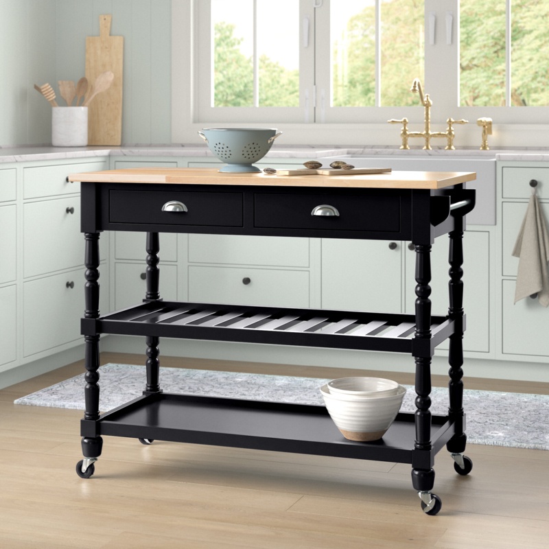 Celia 45" Kitchen Cart with Butcher Block Top and Locking Wheels