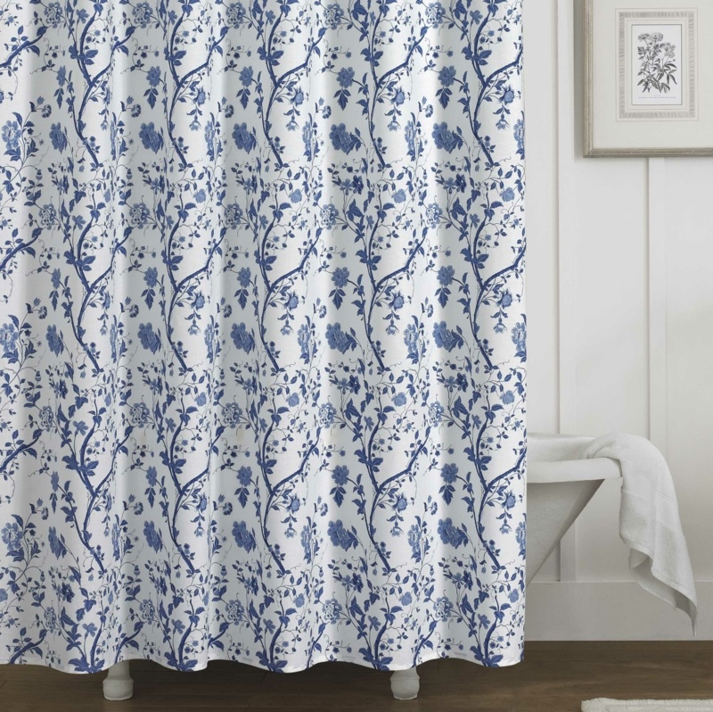 Charlotte Blue/White Floral 100% Cotton Shower Curtain