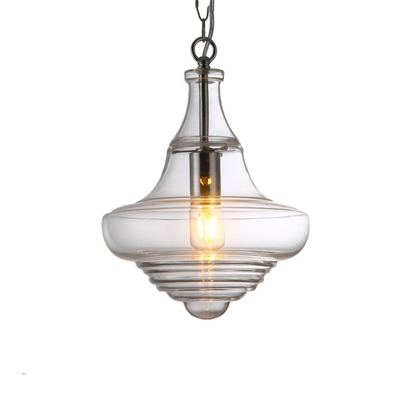 Contemporary Spool/Bell Pendant Light Clear/Blue Ruffle Glass 1 Light Bedroom Hanging Ceiling Light - Clear / D