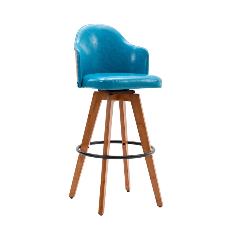Corrigan Studio® Idan Swivel Bar Stool, Pu Leather Upholstery, Bamboo Legs