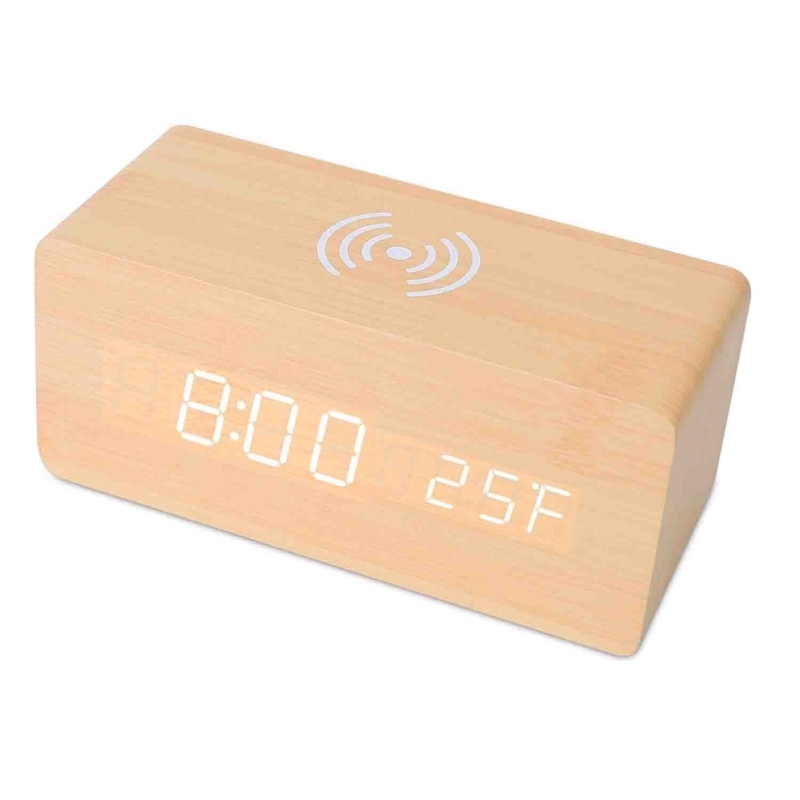 Digital Alarm Clock Qi-Wireless Charger Time Temperature Calendar Display Clock With Voice Control Brightness Adjustment