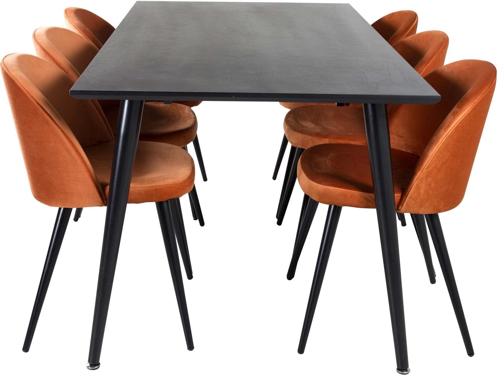 Dipp Esszimmerset + Velvet 180cm/6St. - Schwarz / Orange / Samt