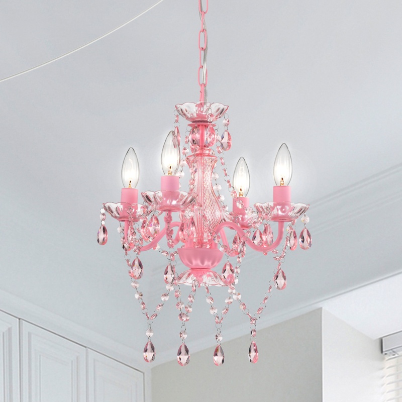 Diquon Plug In Pink Chandelier Small Acrylic Crystals Hanging Lamp 4-Light