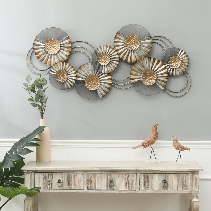 Distressed Gray and Gold Metal Modern Flower Wall Decor