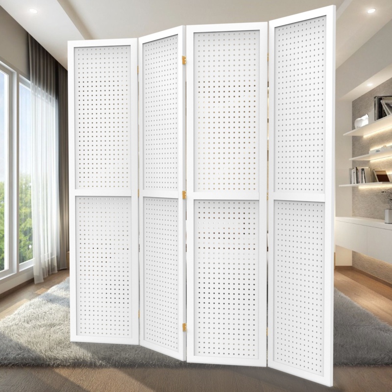 Ebern Designs 4 Panel Room Divider 5.6 FT Pegboard Display Folding Wood Privacy Screen