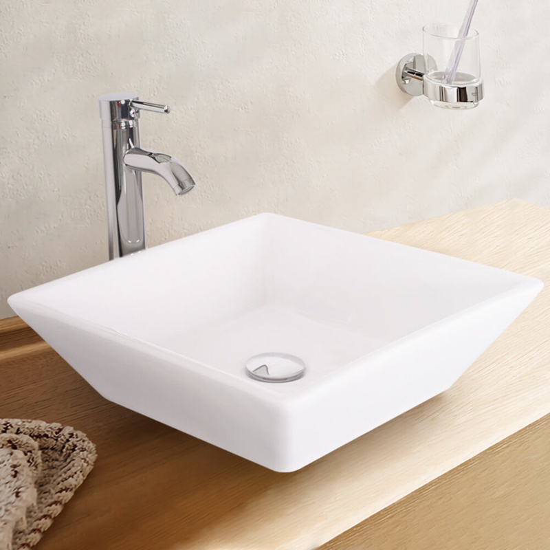 ECLIFE 16.25'' White Ceramic Square Vessel Bathroom Sink with Faucet