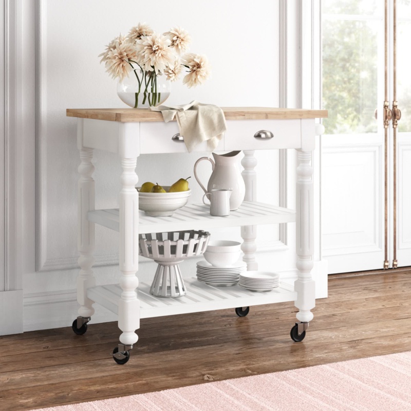 Edelie 36" Wide Solid Wood Kitchen Cart with Drawer and Storage Shelves