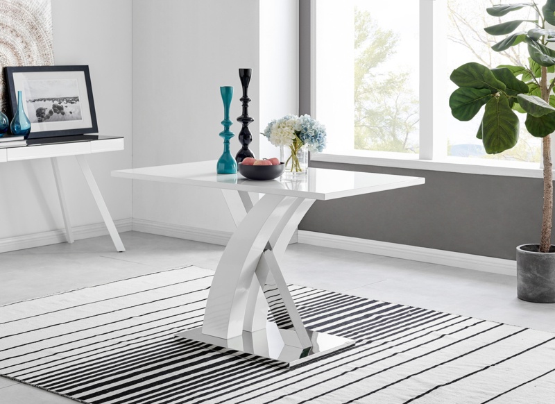 Edzard Dining Table Chrome Metal & White High Gloss - Modern Statement Design