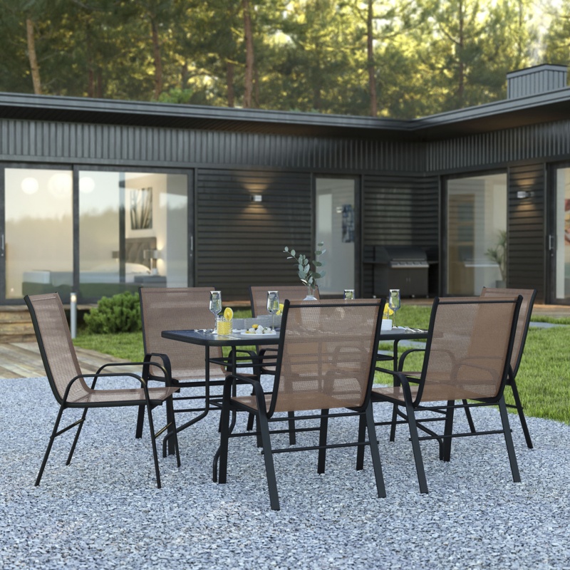 Elgin 7 Piece Outdoor Patio Dining Set - 55" Tempered Glass with Umbrella Hole, 6 Flex Comfort Stack Chair