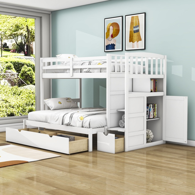 Emmersyn Kids Twin Over Full/Twin 3 Drawers Wood Bunk Bed with Shelves, Convertible Bottom Bed
