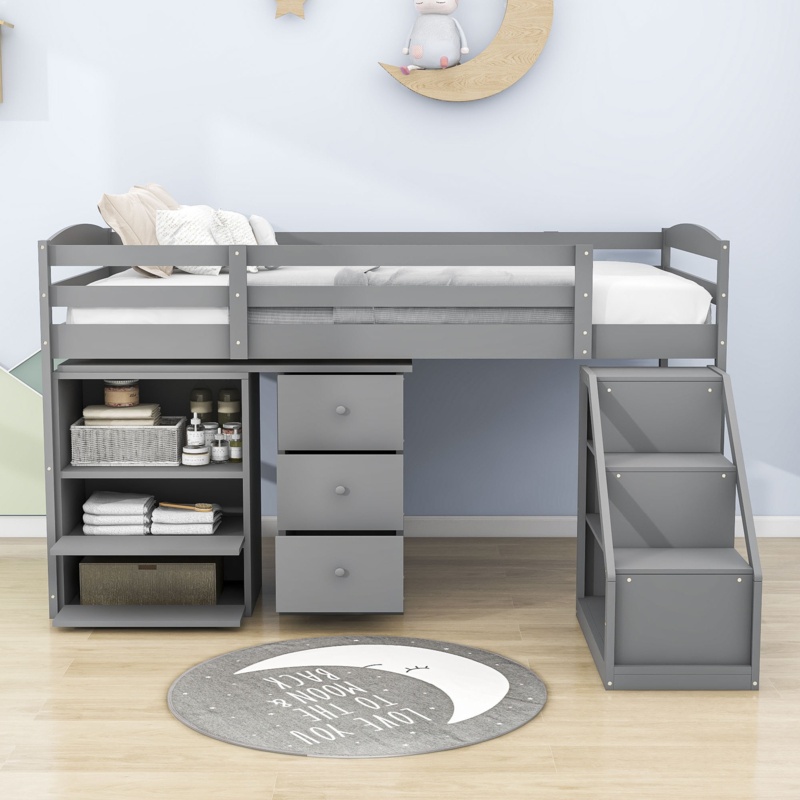 Enilda Twin Size Wood Loft Bed with Multifunctional Movable Built-in Desk and Staircase