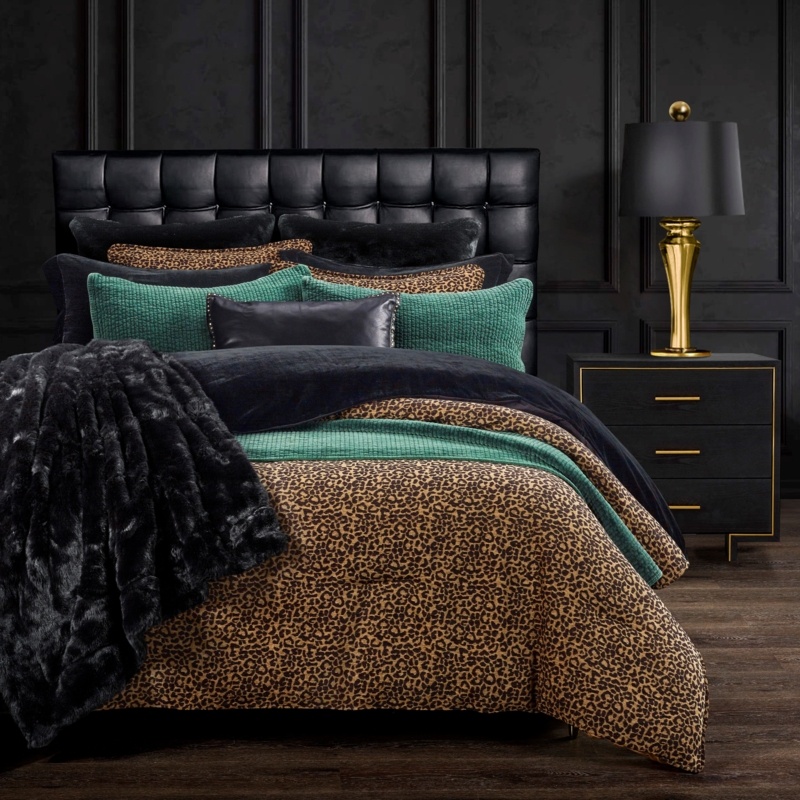 Estafania Gold Black Leopard Cheetah Pattern Chenille Jacquard Classic Modern Duvet Cover Set