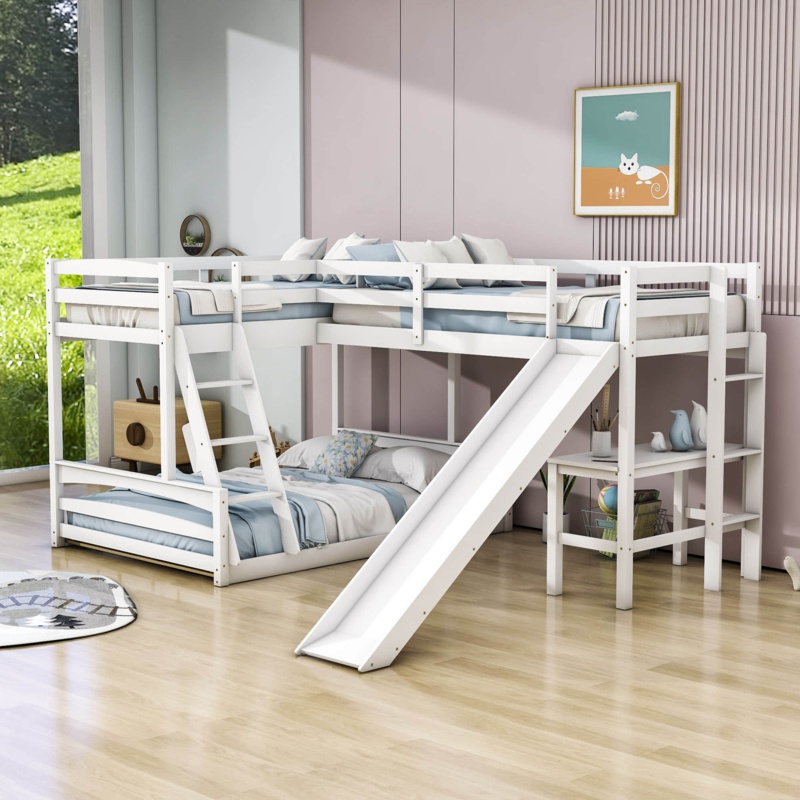 Evie-Eliana Twin Over Full & Twin L-Shaped Bunk Beds with Slide and Built-In Desk
