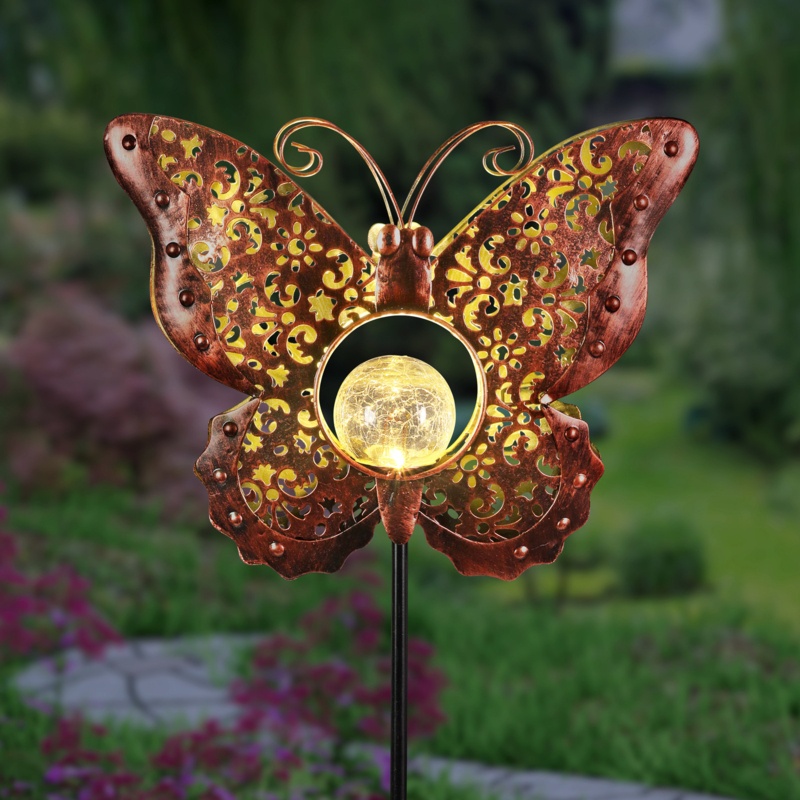 Exhart Solar Fleur de Lis Filigree Metal Butterfly Stake with Glass Crackle Ball Center