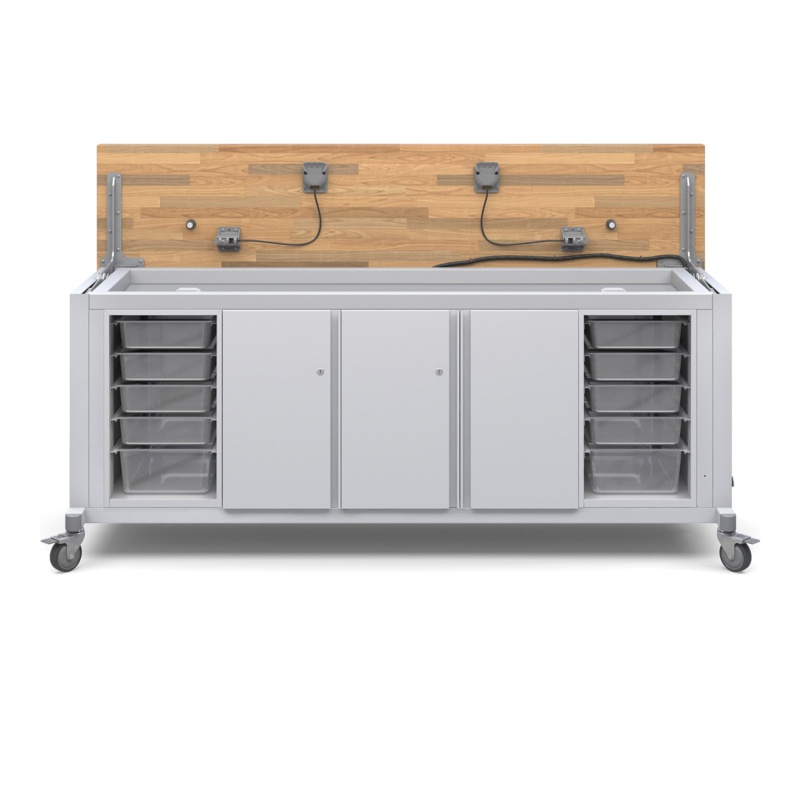 Explorer Rover Table with Butcher Block Retractable Top, 2 Bin Modules with Bins, 1 Single and 1 Double Storage Module with Locking Doors and Power