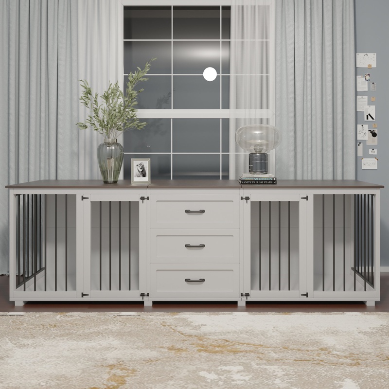 Extra Large Furniture Style Wooden Dog Crate With 3 Drawer 95”X23”X32”H