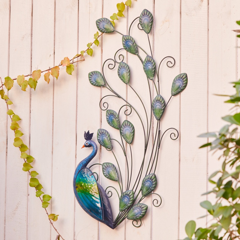 Faaliliu Blue & Green Glass Peacock Metal Wall Sculpture