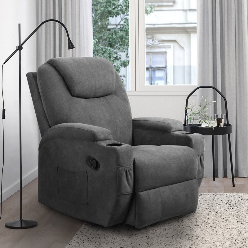 Fabric Rocking Chair with Massage, 360 Degree Swivel Sofa Seat with Drink Holder