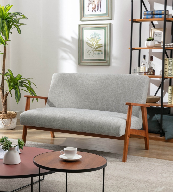 Fabric Upholstered Loveseat with Rubberwood Legs
