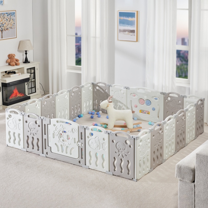 Foldable Baby Playpen Kid Activity Center with Game Panel and Safety Gate