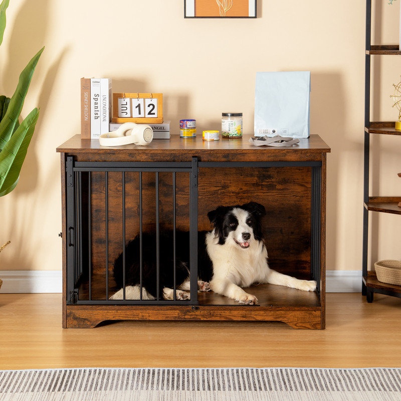 Furniture Style Dog Crate, Heavy-Duty Dog Kennels with Sliding Barn Door, Wooden Dog House