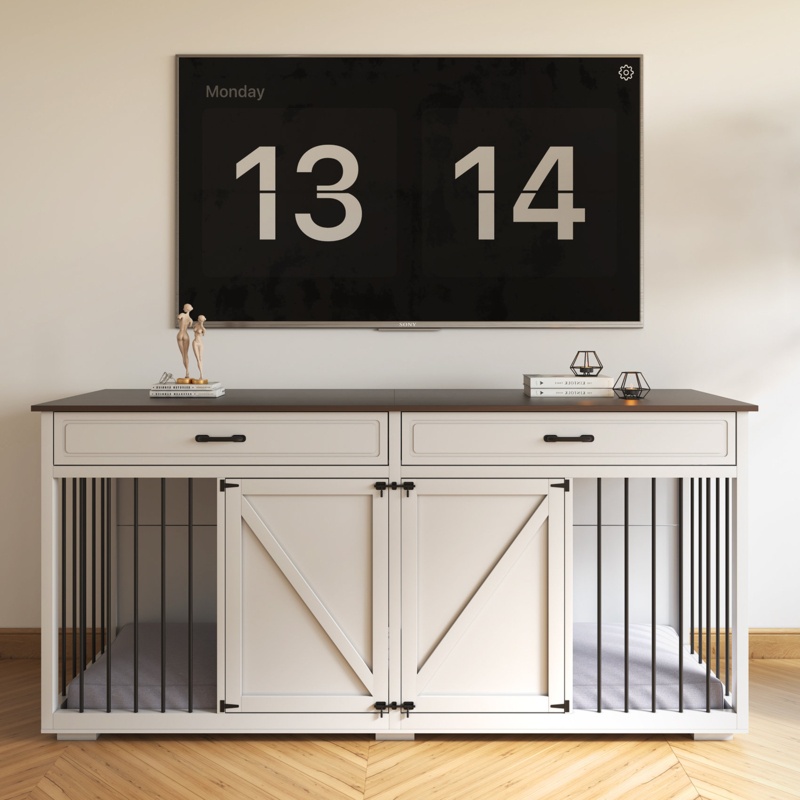 Furniture Style Wooden Dog Crate With Room Divider And 2 Drawer 72” x 23” x 34”H