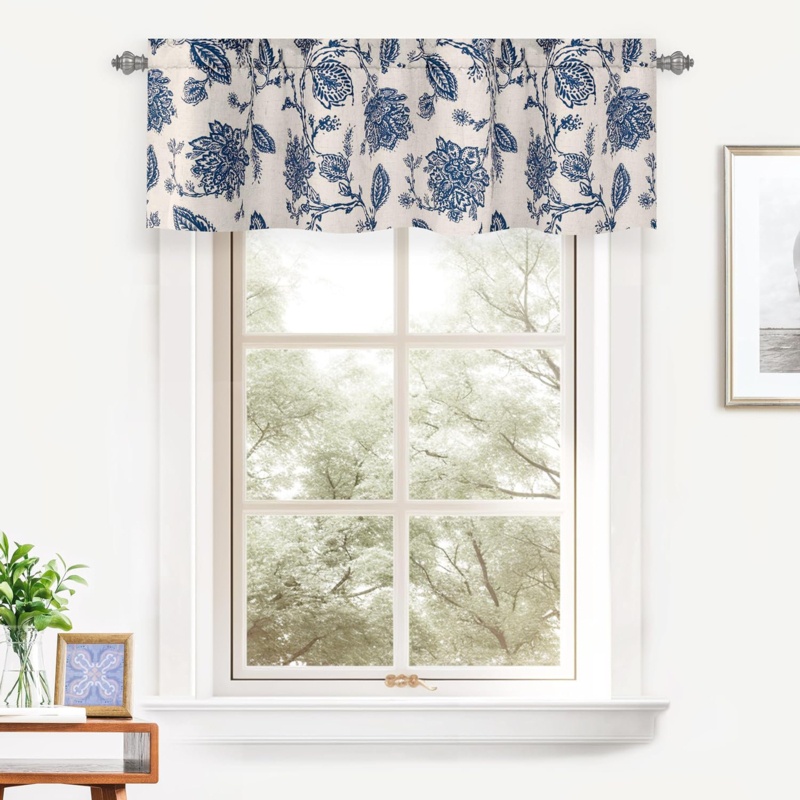 Galien Floral Linen Tailored 52'' Window Valance in Navy/Beige