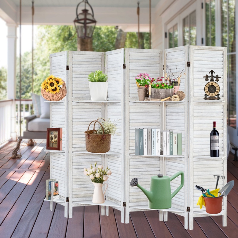 Genoveva 6 Panels Wood Room Divider with Shelves Folding Privacy Screen Partition Wall for Home Office